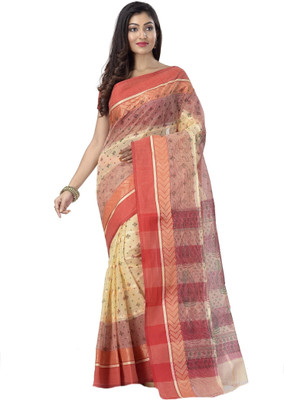 DipDiya Self Design Tant Cotton Blend Saree(Red, Cream)