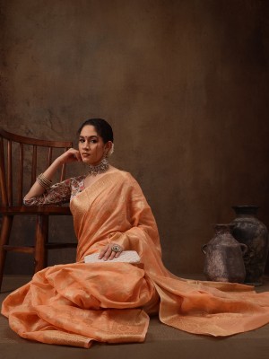 Divastri Woven Banarasi Cotton Blend Saree(Orange)