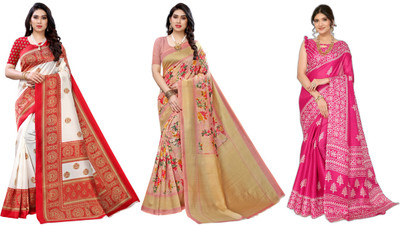 Nirvaan Printed, Woven Daily Wear Art Silk Saree(Pack of 3, Red, Pink)