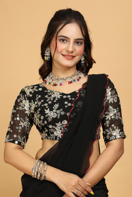 STITCH N SOLUS Embroidered Daily Wear Georgette Saree(Dark Blue)