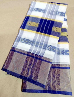 Trishul Woven Tant Pure Cotton Saree(Blue, White)