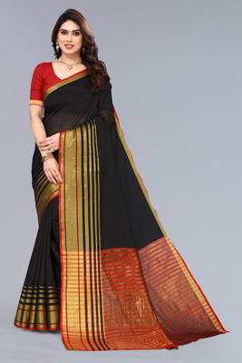 HITESH ENTERPRISE Striped Daily Wear Cotton Silk Saree(Black)