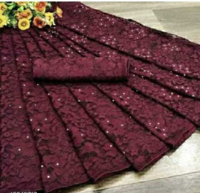 NORAFLEX Embroidered Daily Wear Net Saree(Maroon)