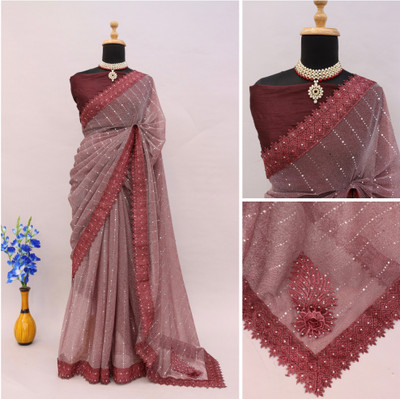HouseOfCommon Applique Bollywood Lycra Blend Saree(Maroon)