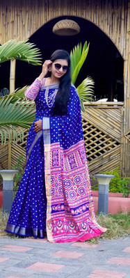 parishram creation Hand Painted Bandhani Pure Cotton Saree(Light Blue)