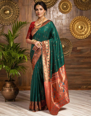 Mahastree Woven Paithani Silk Blend Saree(Green)