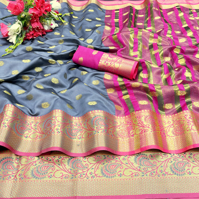 KANGLI Woven Banarasi Cotton Silk Saree(Grey, Pink)