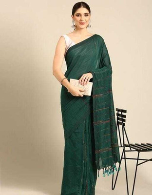 RONI TEXTILES Striped Handloom Cotton Blend Saree(Pink)