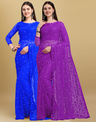 LOROFY Self Design Bollywood Net Saree(Pack of 2, Multicolor)