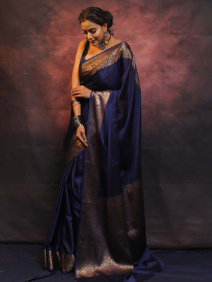 Banarasee Floral Print Banarasi Silk Blend Saree(Black)