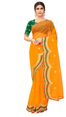 OmDesignerSaree Embroidered, Self Design Bhagalpuri Cotton Silk Saree(Yellow)