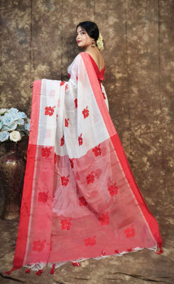 ANU INDIAN FASHION Embroidered Handloom Cotton Blend Saree(White)