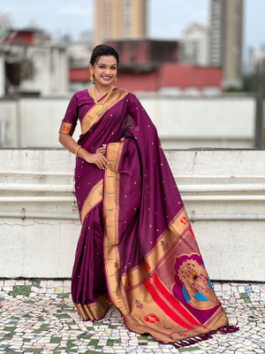 ROOP LAVANYA Woven Paithani Jacquard, Pure Silk Saree(Purple, Brown, Multicolor)