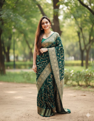 CKDESIGNER Woven Banarasi Jacquard Saree(Dark Green)