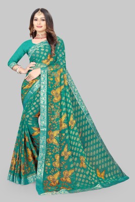 Harsiddhi fashion Self Design, Printed, Floral Print Bollywood Brasso, Chiffon Saree(Blue, Light Green)