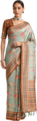 Divastri Floral Print Sambalpuri Silk Blend Saree(Green, Brown)