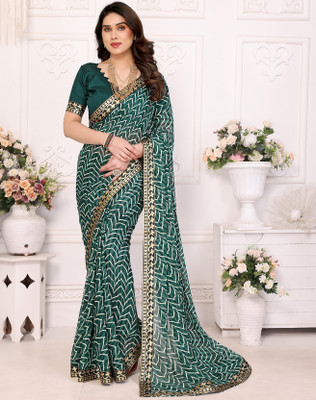YASHIKA Printed Bollywood Georgette, Lace Saree(Green)