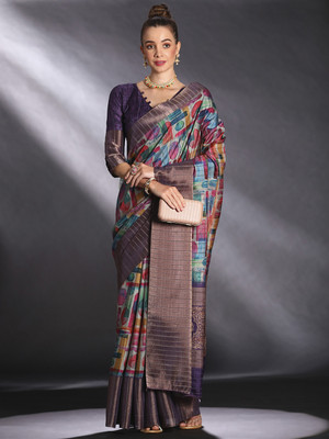 Tasrika Printed Chinnalapattu Silk Blend Saree(Multicolor)