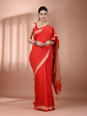 SARADA HANDLOOM Solid/Plain Daily Wear Pure Cotton Saree(Red)