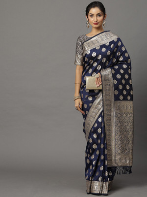 Sareemall Woven Banarasi Silk Blend Saree(Dark Blue)