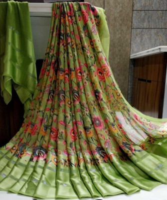 Bombey Velvat Fab Printed, Solid/Plain Kovai Mulmul, Chiffon Saree(Light Green, Pink)