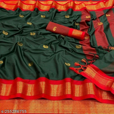 Paithani Woven Paithani Pure Silk Saree(Dark Green)