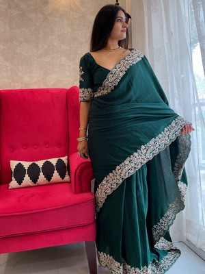 ANOUK Embroidered Saree with Attached Blouse Chiffon Saree(Green)