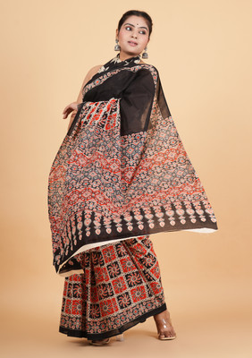 Krishna Creation Printed Handloom Pure Cotton Saree(Black, Red)