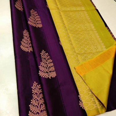 Khodal Zari Work Woven, Floral Print Kanjivaram Pure Silk Saree(Purple)
