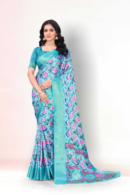 Sanskriti Synthetics Printed Bollywood Polyester Saree(Light Blue)