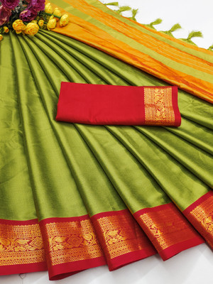 Fashion Club Collection Solid/Plain, Woven, Floral Print Bollywood Cotton Silk Saree(Green)