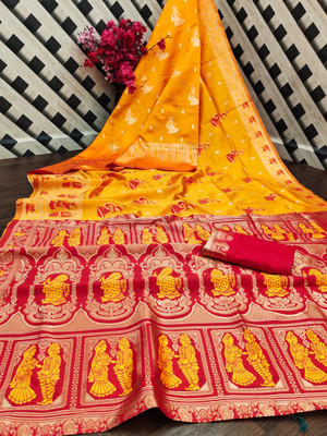 VERCO Woven Baluchari Silk Blend Saree(Yellow)
