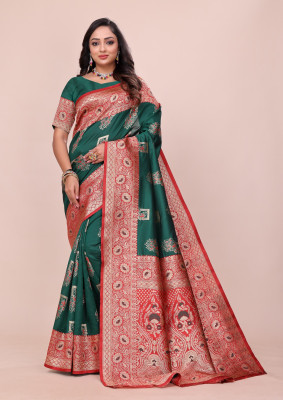 FashionZonee Embellished, Woven Paithani Pure Silk Saree(Green)