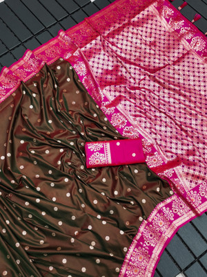 Keswi Fab Woven, Printed Banarasi Jacquard, Pure Silk Saree(Brown, Pink)
