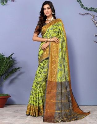 Divastri Woven, Embellished, Self Design Banarasi Cotton Blend Saree(Green, Multicolor)