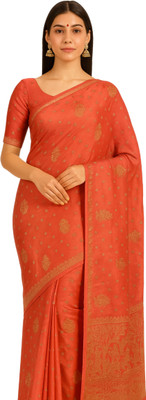 EZIESHREE Printed Daily Wear Linen Saree(Orange)