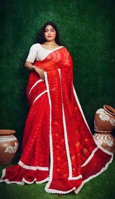 Hiya saree And Punjabi house Printed Jamdani Cotton Blend Saree(Red)