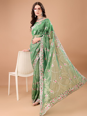SPAREN CREATION Embroidered Bollywood Net Saree(Green)