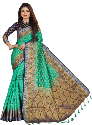 Perfect Wear Woven Banarasi Cotton Silk Saree(Green)