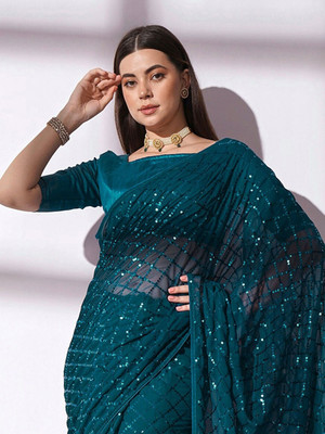 kumawat creation Embellished Bollywood Georgette Saree(Light Blue)