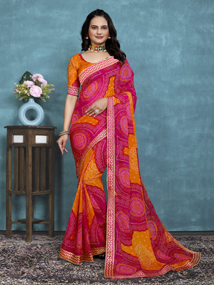 Kanooda Prints Printed Bollywood Georgette Saree(Pink)