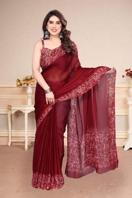 BilloRani Solid/Plain, Self Design, Printed Bollywood Chiffon Saree(Maroon)