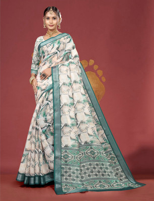 Gajal Printed, Woven Kanjivaram Pure Cotton, Cotton Linen Saree(Cream)