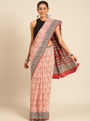 Taavi Blocked Printed Banarasi Cotton Blend Saree(Red)