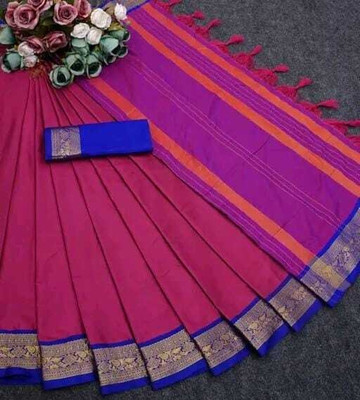 KHODALSAREEFEB Solid/Plain, Woven, Striped Banarasi Cotton Silk Saree(Dark Green, Purple)