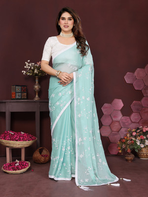 supremesarees Embroidered Lucknow Chikankari Cotton Silk Saree(Light Blue)