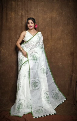 binita Printed Handloom Cotton Blend Saree(White, Green)