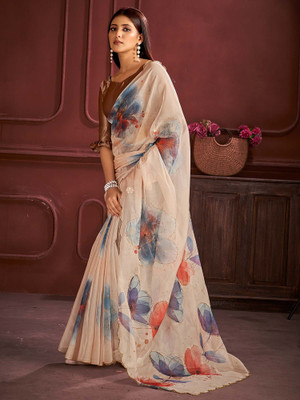 Tasrika Printed Bollywood Organza Saree(Cream)