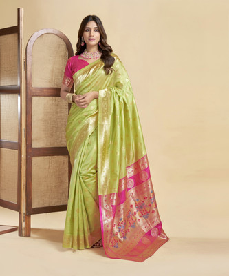 Samah Dyed, Woven, Self Design Banarasi Silk Blend Saree(Light Green, Gold)