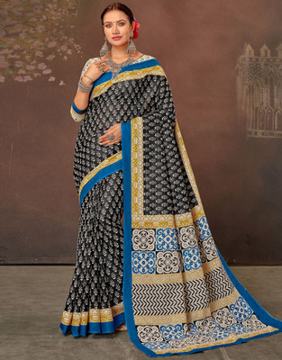 all about you Blocked Printed, Printed Daily Wear Cotton Blend Saree(Black, White)